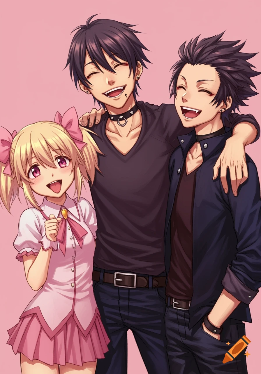 Anime group portrait of a girl with blonde pigtails and two boys smiling against a pink background.