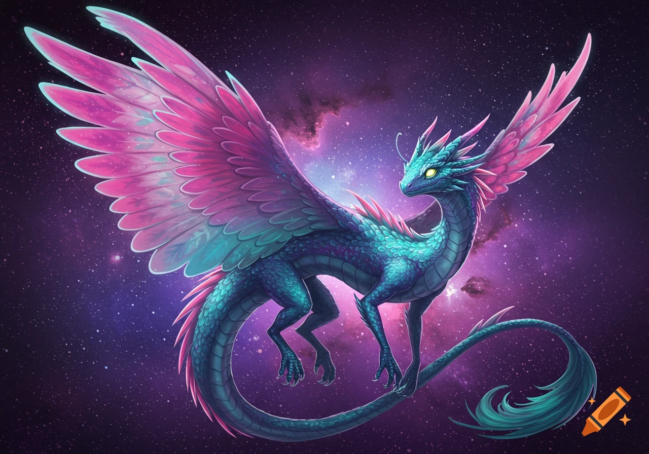 A teal and pink dragon with feathered wings flies in a starry purple ...