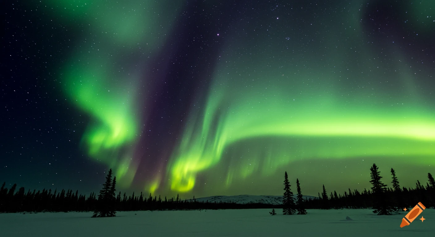 Green and purple aurora borealis dances across the night sky over a snowy landscape with trees.