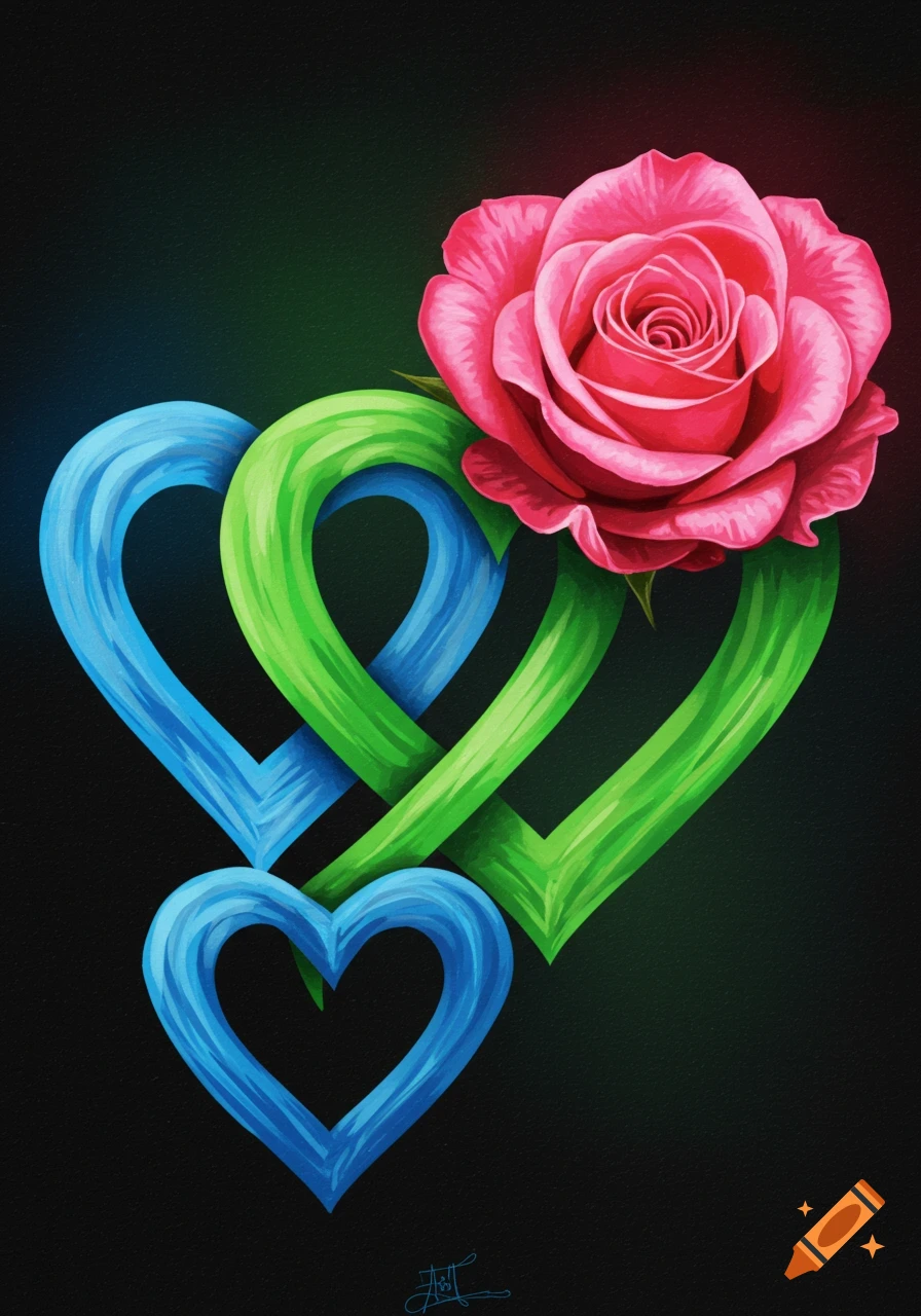 Pink rose intertwined with blue and green heart shapes on a dark background.