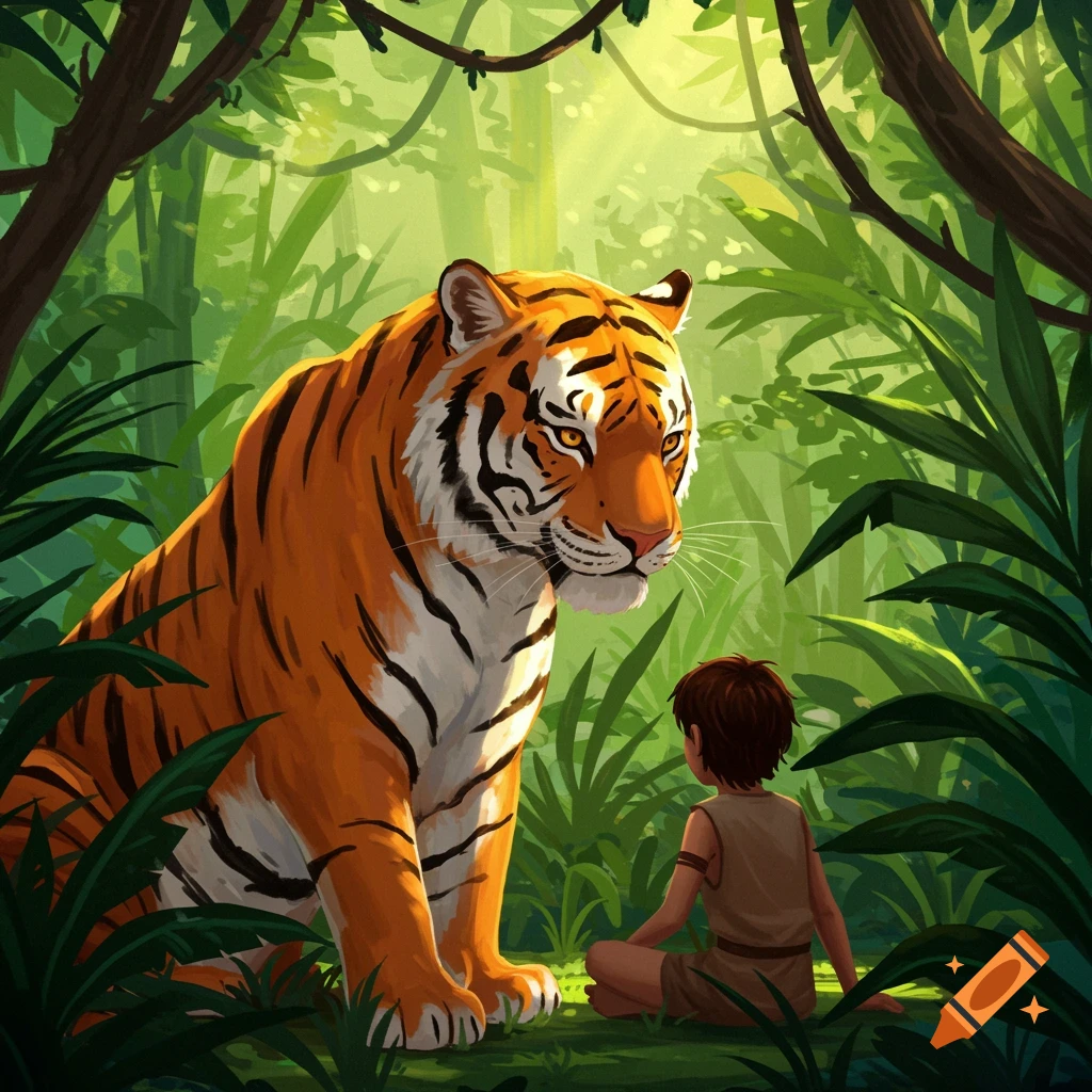 A large tiger sits across from a small boy in a lush, stylized jungle.