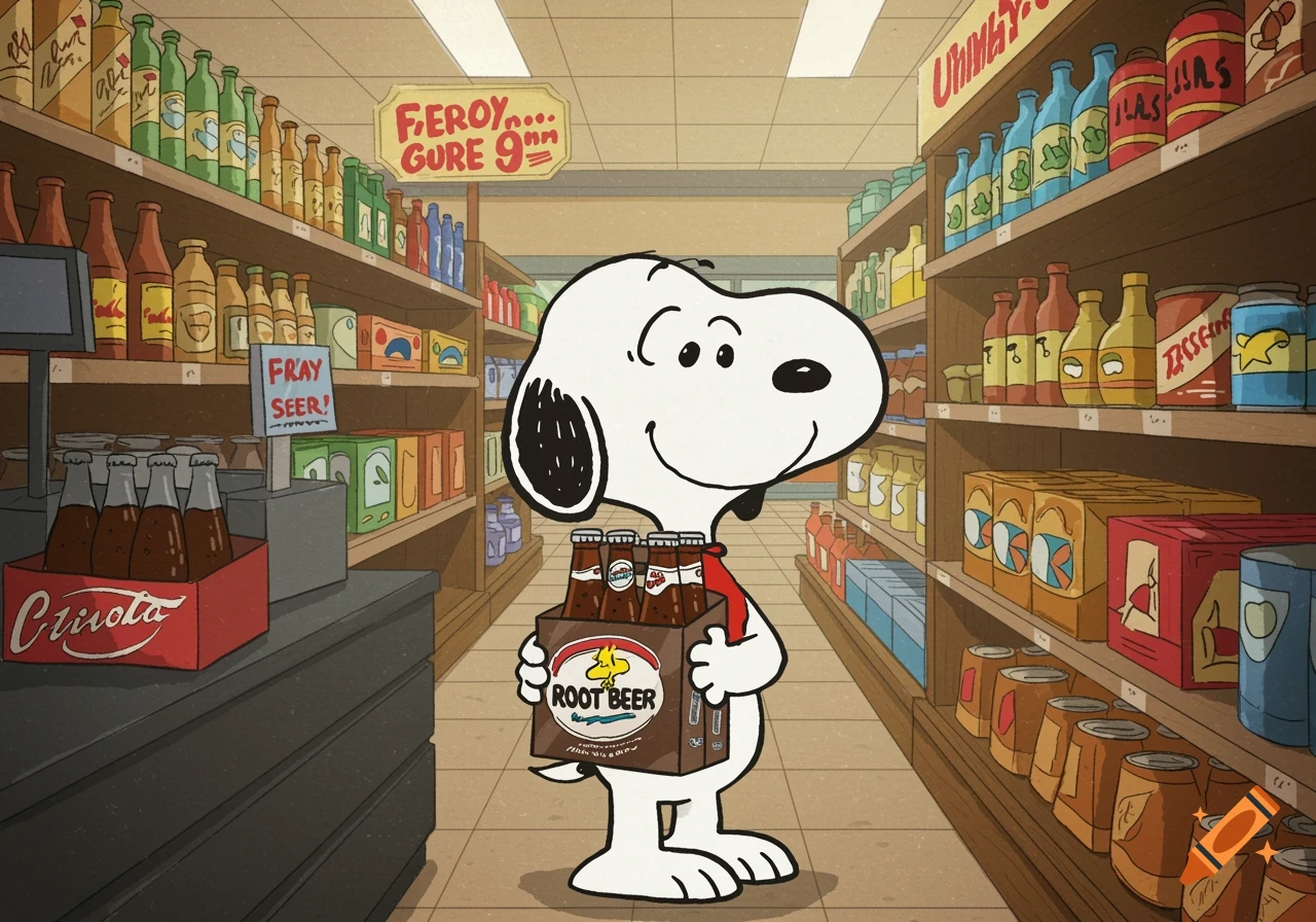 Snoopy holds a box of root beer in a cartoon grocery store.