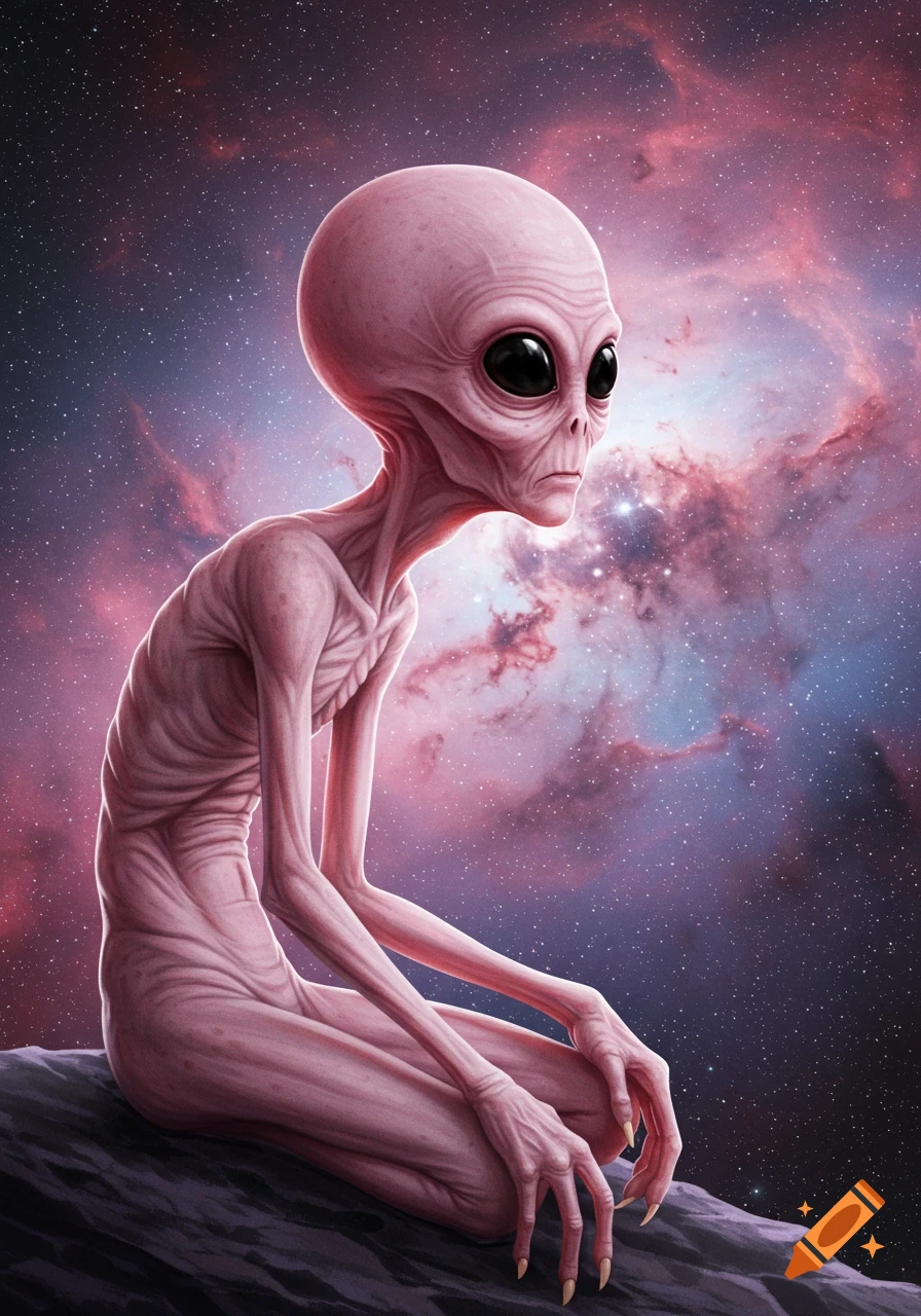 A pink alien with large black eyes sits against a vibrant cosmic background.