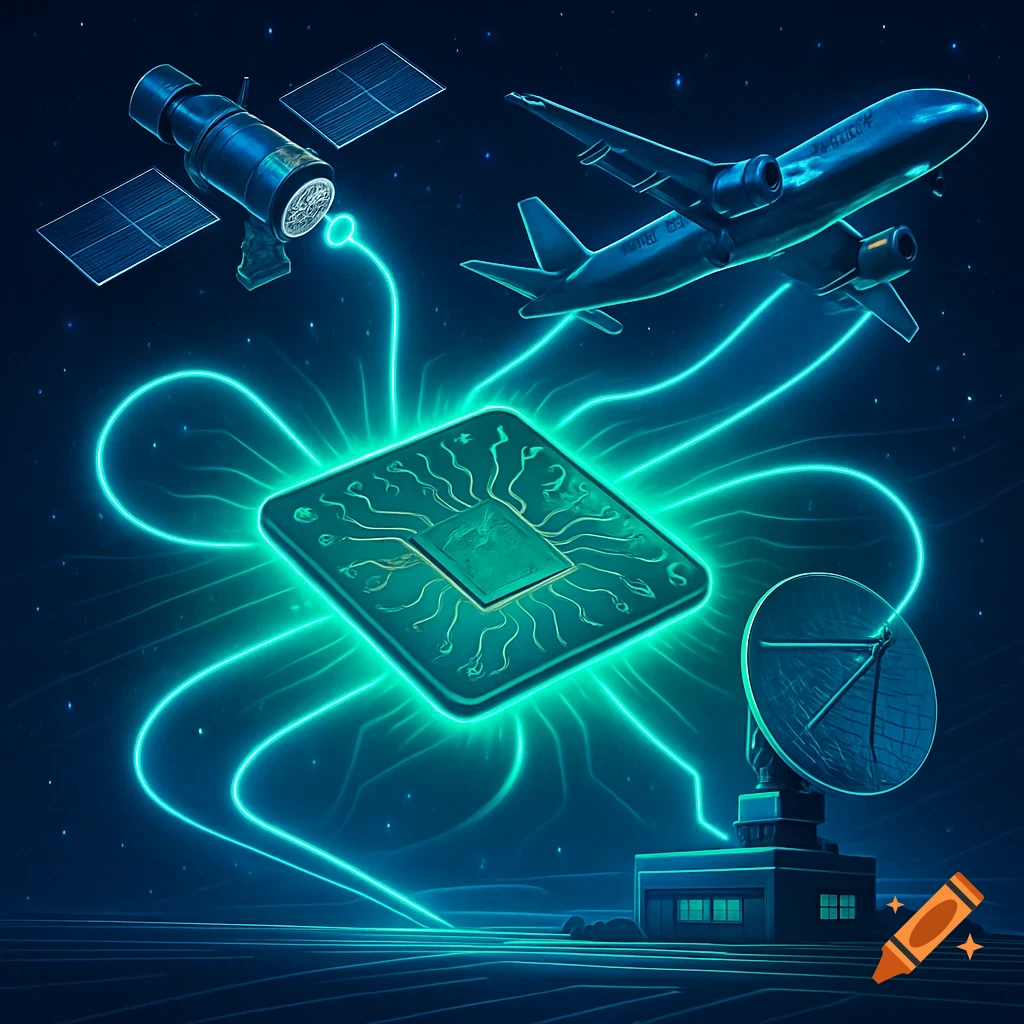 Futuristic illustration of a glowing circuit board connected by neon lines to a satellite, airplane, and radar dish in a starry sky.