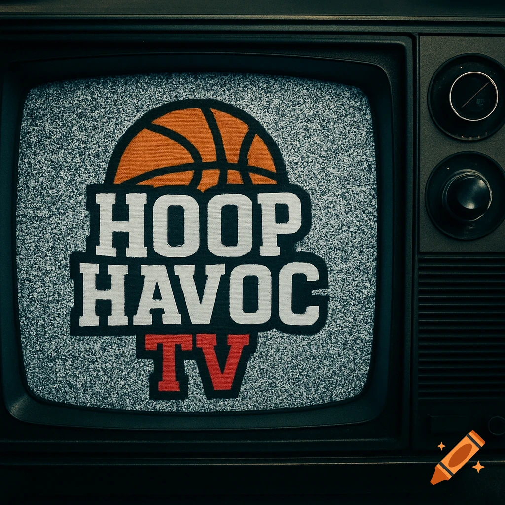 Basketball logo 'HOOP HAVOC TV' on a static-y vintage television screen