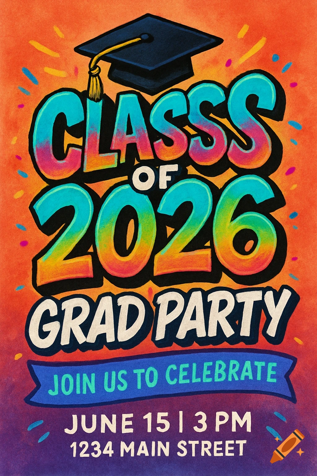 Colorful illustration of a graduation party invitation card for the Class of 2026.