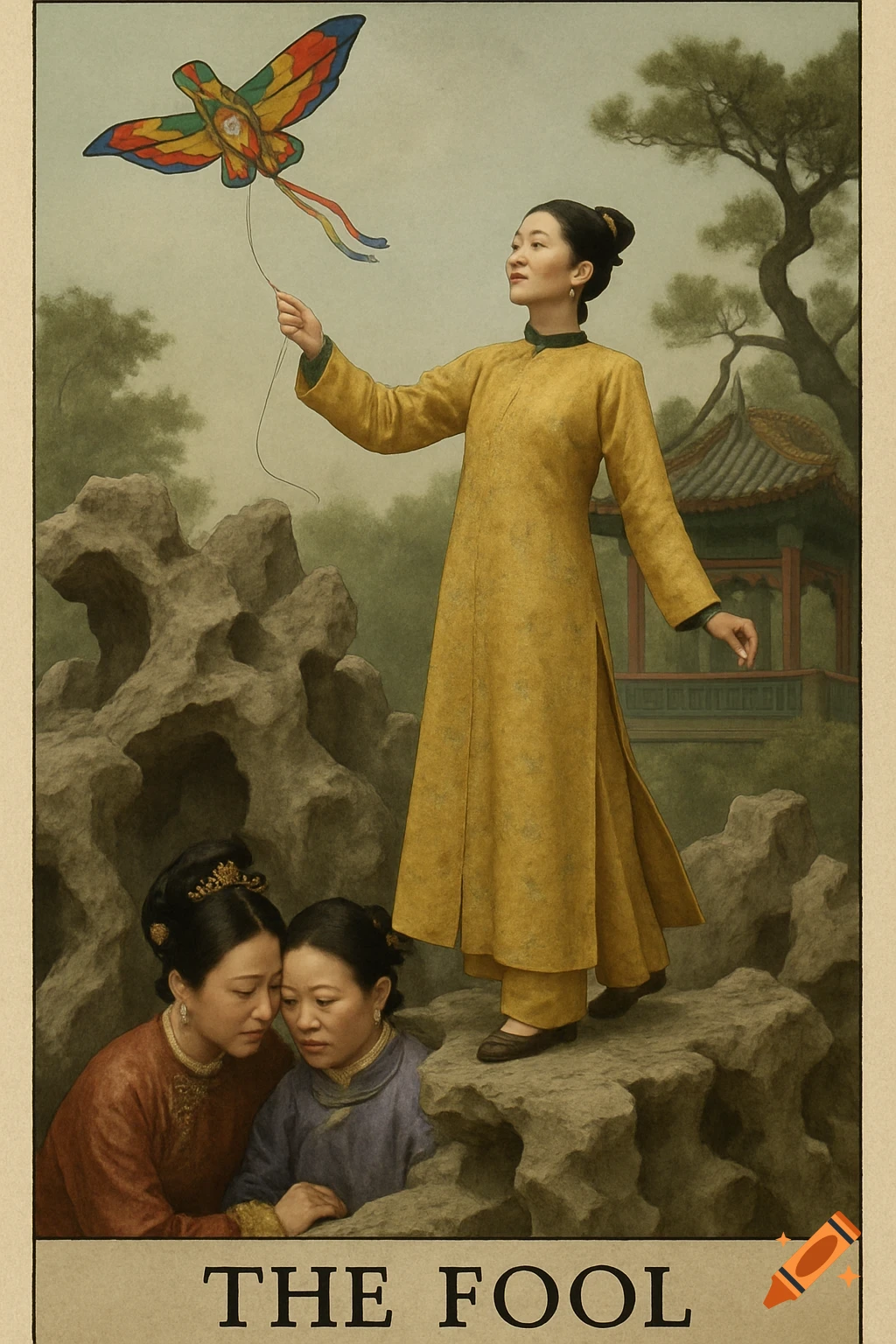 A woman in traditional yellow clothing stands on rocks flying a kite, while two women sit below. A pagoda is in the background. Text reads "THE FOOL".