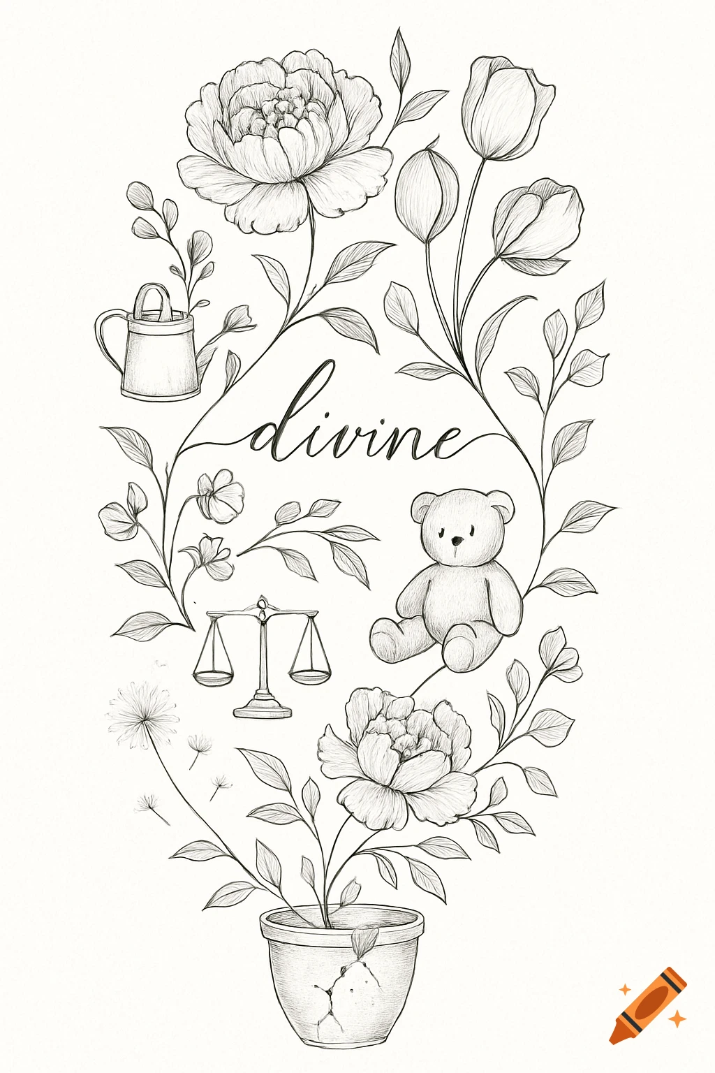 Fine-line illustration of flowers, teddy bear, scales, watering can, cracked pot, and 'divine' text.