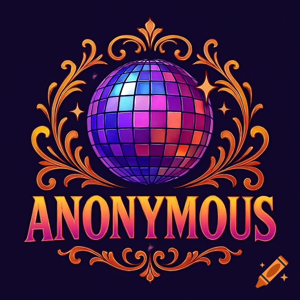 Vibrant logo featuring a disco ball within an ornate frame above the word ANONYMOUS.