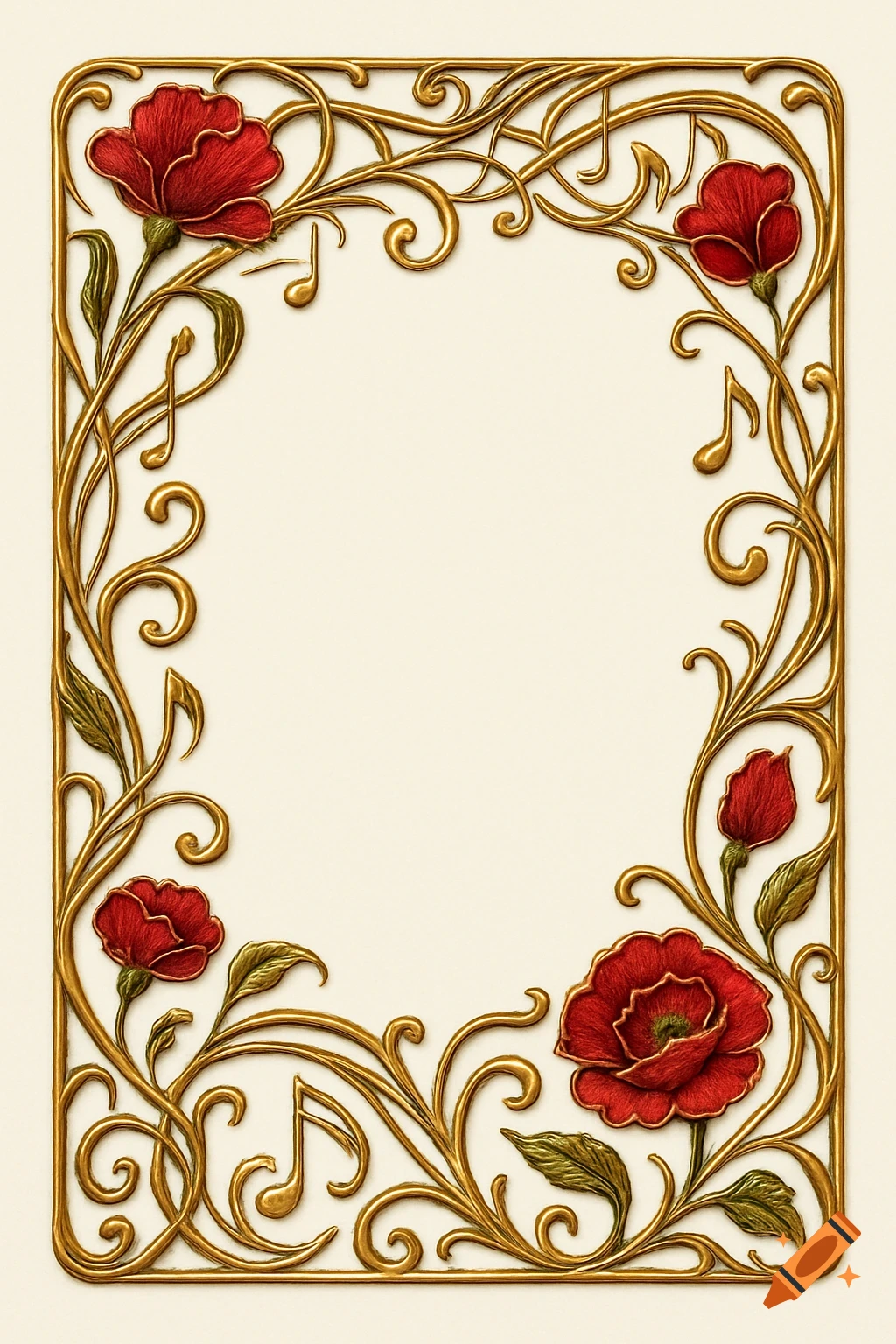 Art Nouveau style frame with gold scrolls, red flowers, leaves, and musical notes on a light background.