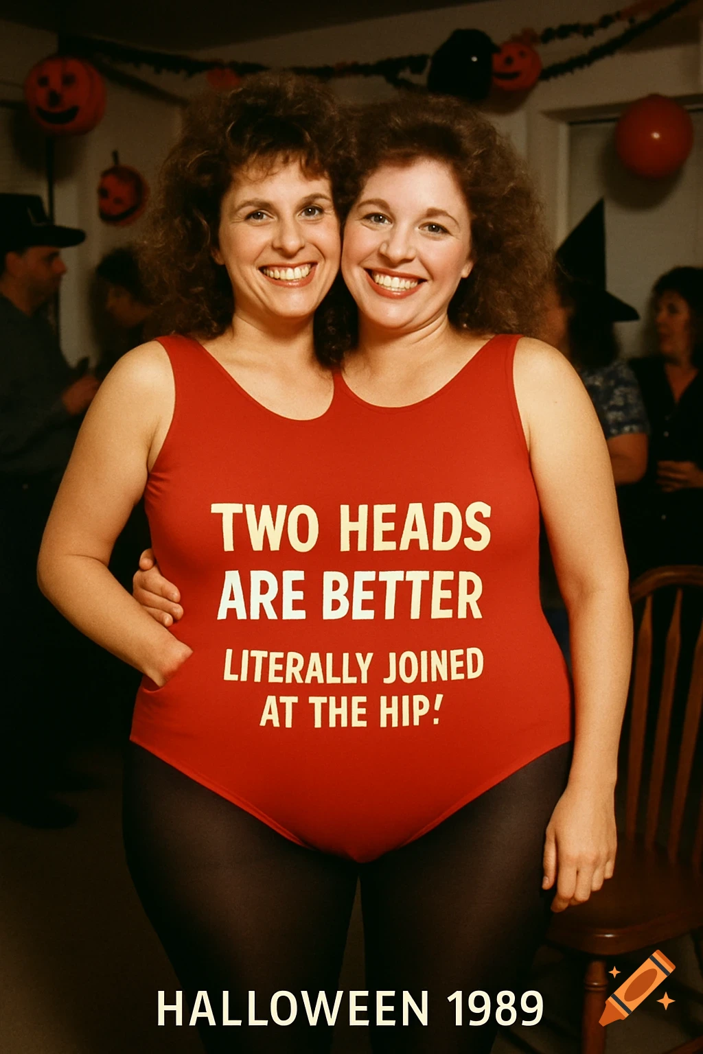 Two women in a two-headed costume at a 1989 Halloween party.