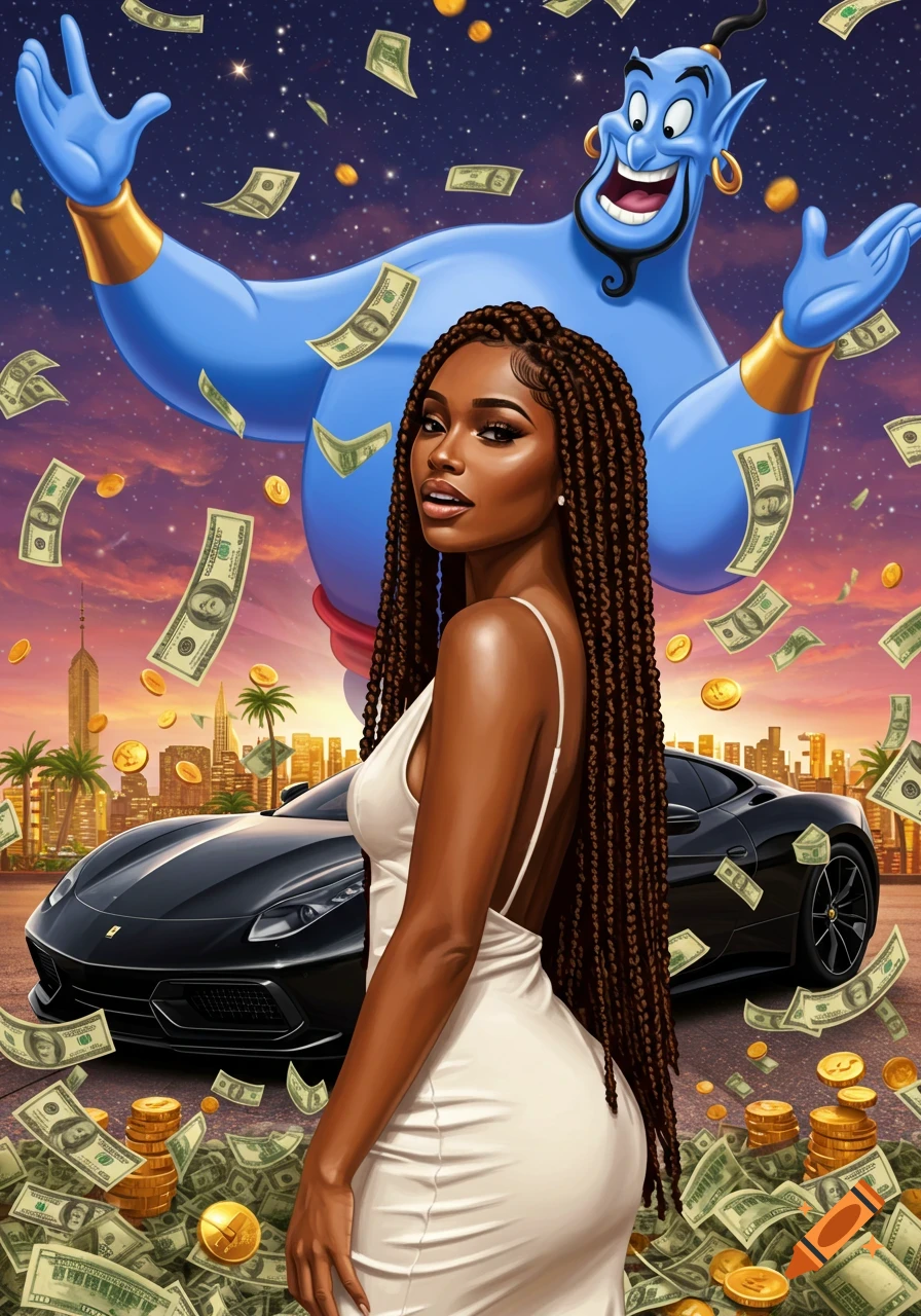 Beautiful woman with box braids and a luxury car, money raining down with Genie from Aladdin and city skyline in background.