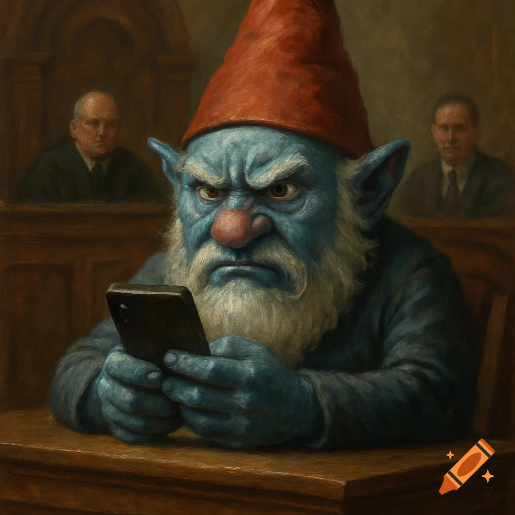An angry blue gnome in a red hat sits at a table in a courtroom, staring intently at a smartphone. Painting style.