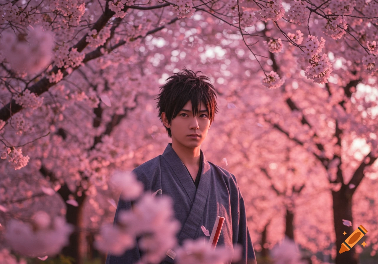 Young man in traditional Japanese clothing standing under blooming pink cherry blossom trees.