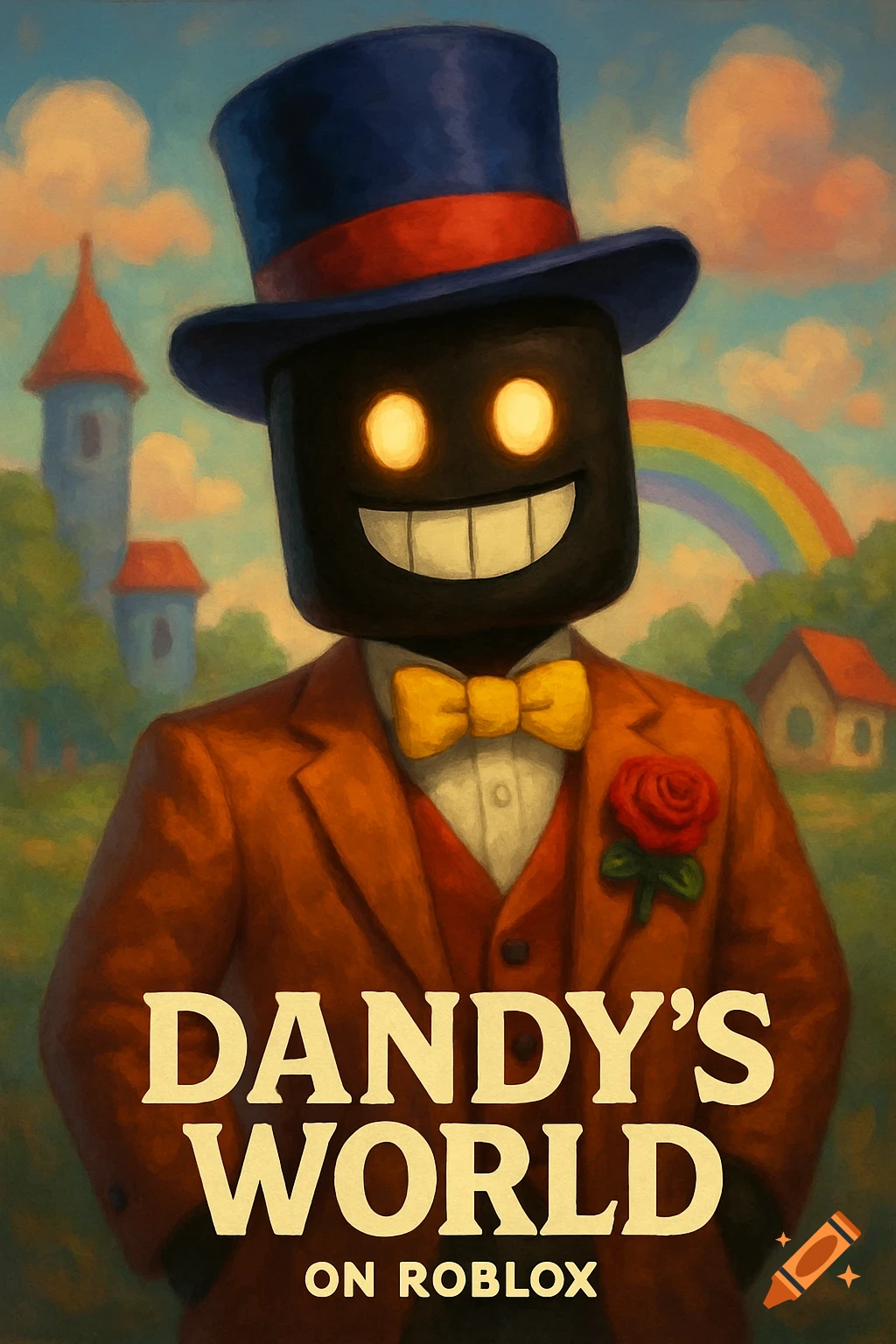 A block-headed character in a suit and top hat, painted style, with title text.
