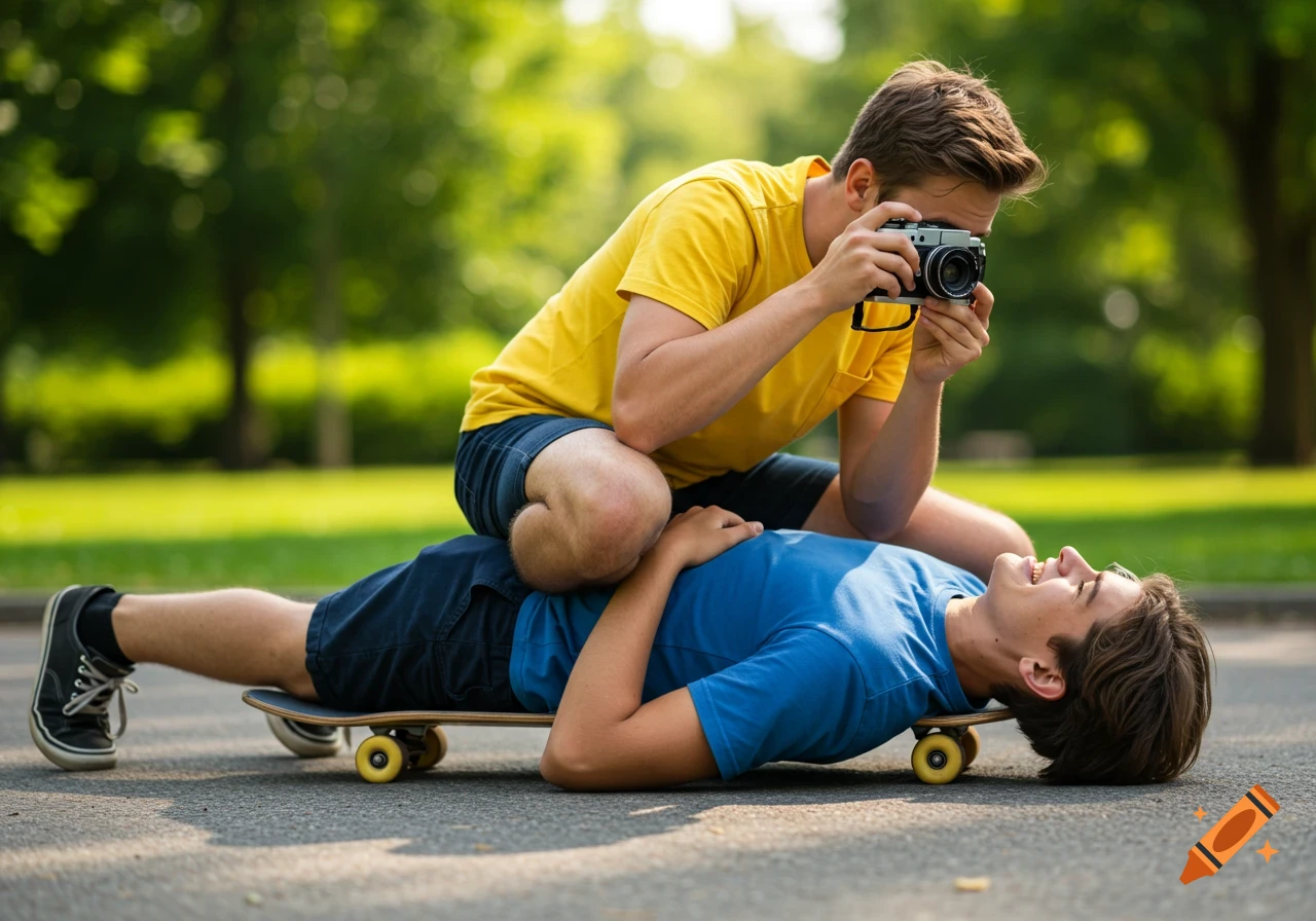 Two young people on a skateboard in a park, one lying down while the other sits on their back taking a photo.