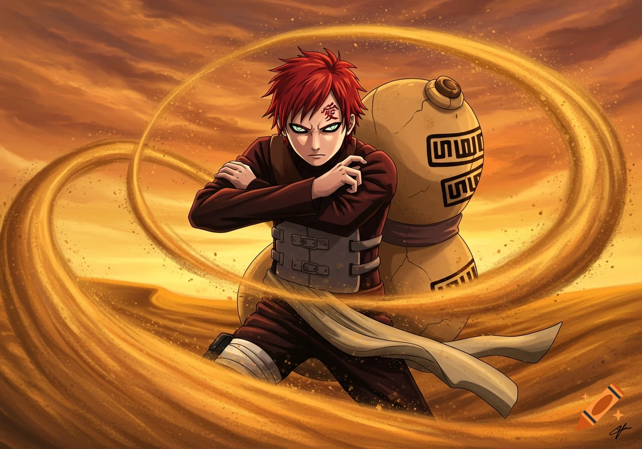 Anime character Gaara controlling sand in a desert landscape.