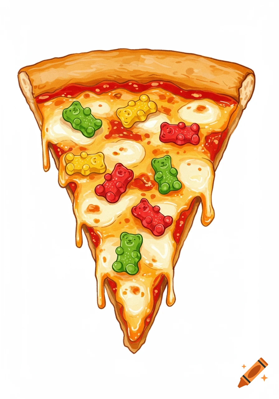 Illustration of a pizza slice with gummy bears on it.