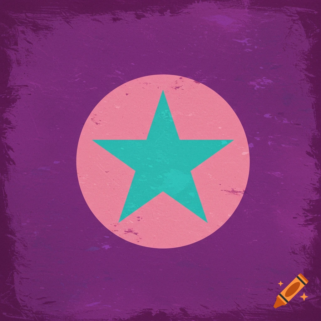 Distressed purple background with a pink circle containing a turquoise star
