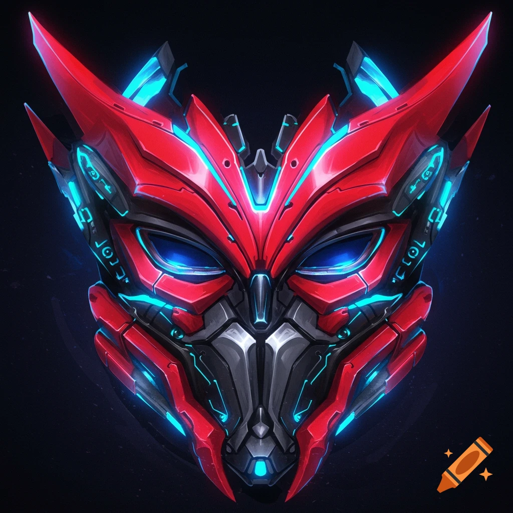 A red, black, and blue futuristic mask with glowing blue eyes and cybernetic details.