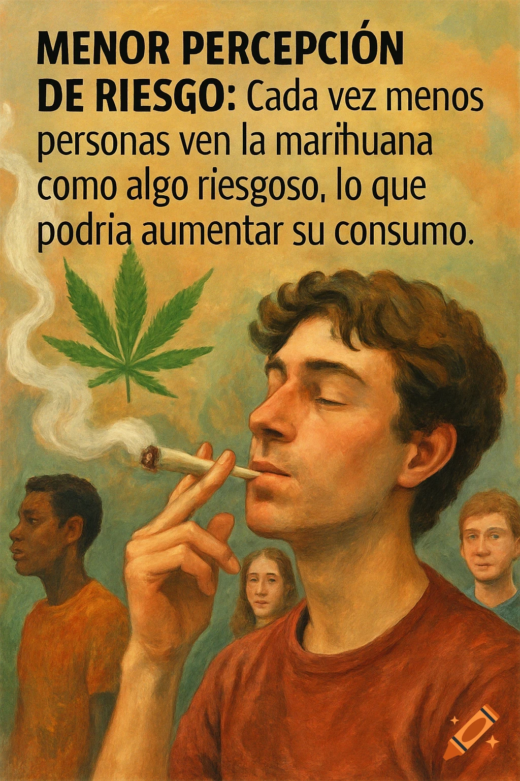 Painting of a man smoking marijuana with text about risk perception above.