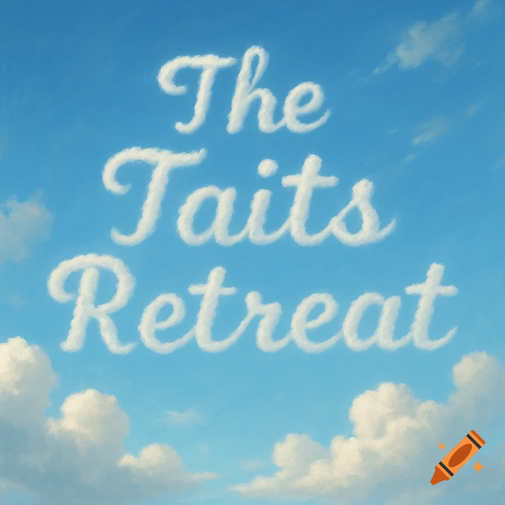 Clouds spelling 'The Taits Retreat' in a bright blue sky