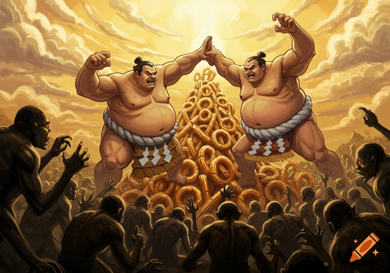 Illustrative fantasy scene of two giant sumo wrestlers battling zombies on a pile of golden rings