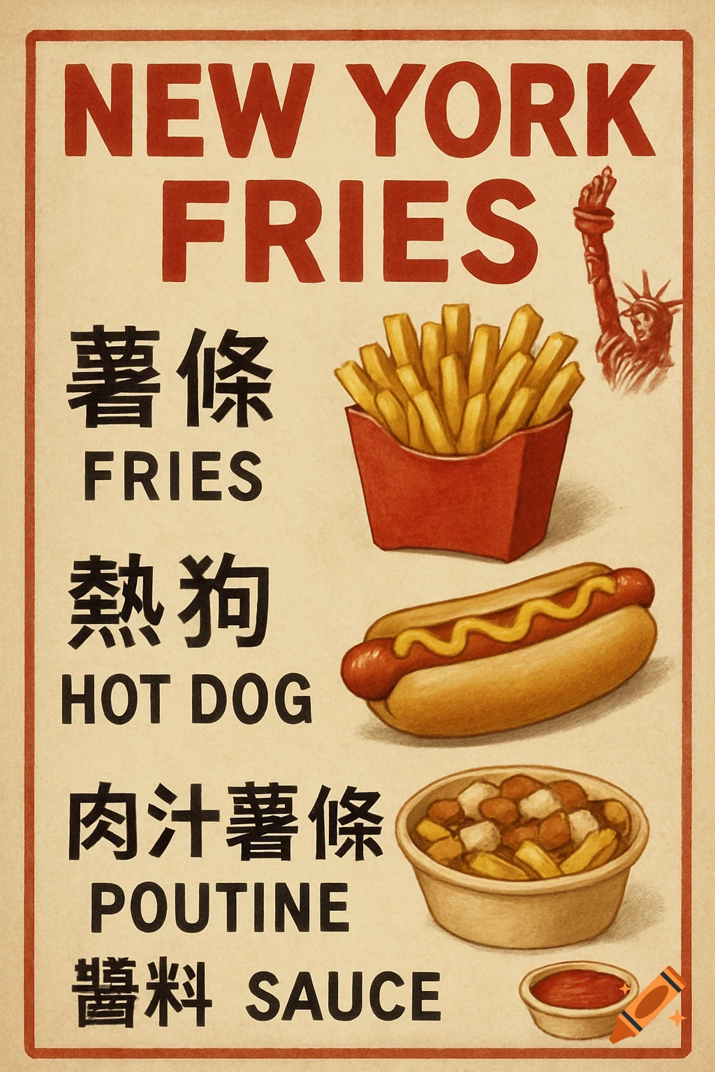 Vintage style poster for New York Fries menu featuring fries, hot dog, poutine, and sauce with English and Chinese text.
