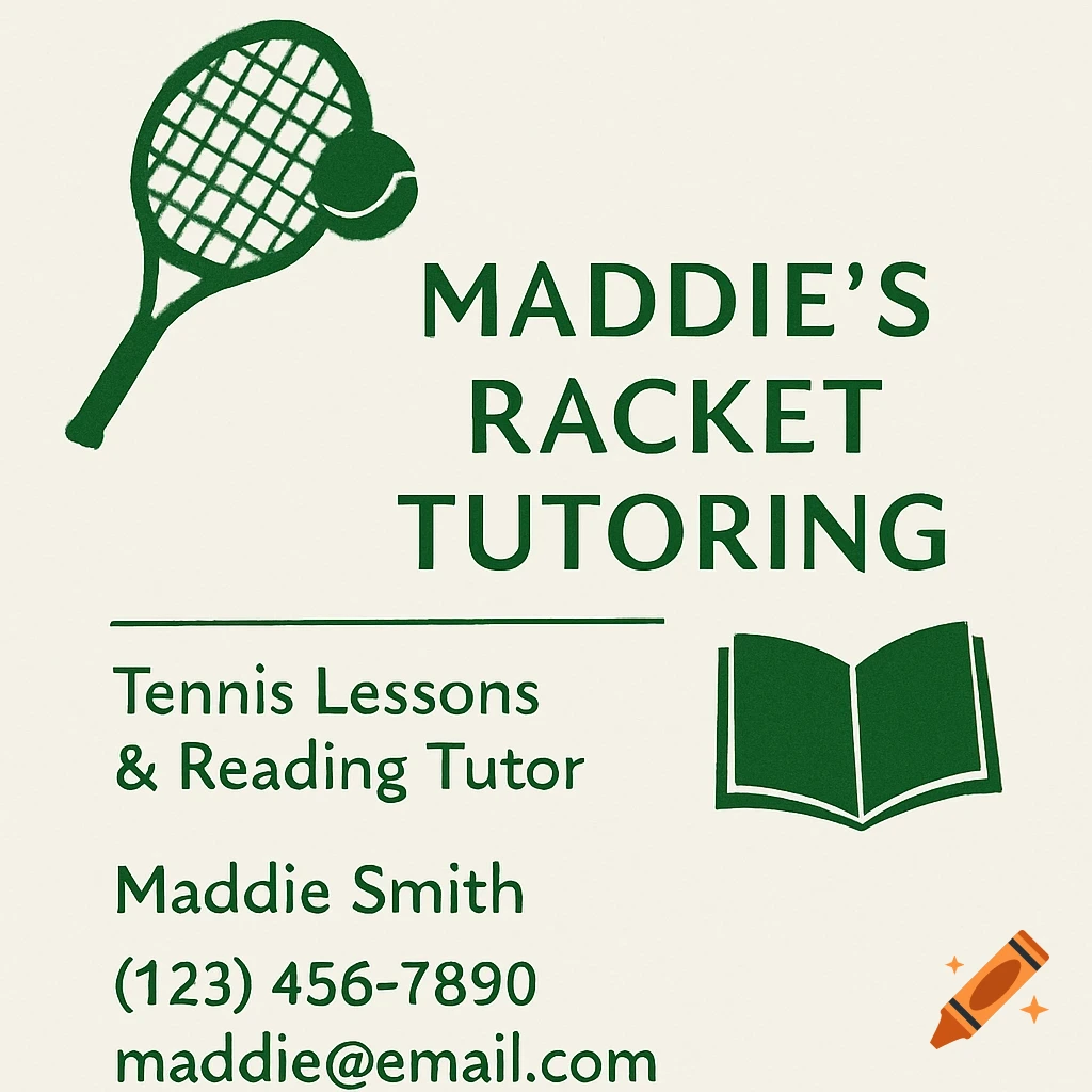 Green and white business card design for Maddie's Racket Tutoring with icons for tennis and a book.