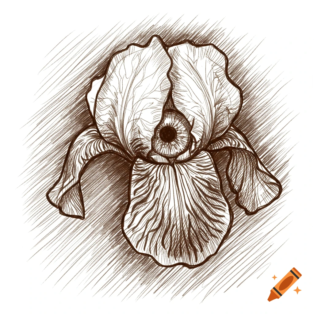 Sepia ink sketch of an iris flower with an eye in the center.