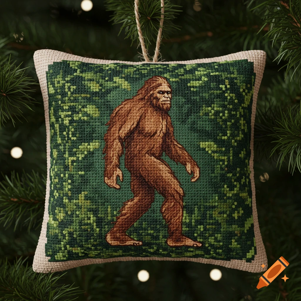 Cross stitch ornament of Bigfoot hanging on a Christmas tree branch.