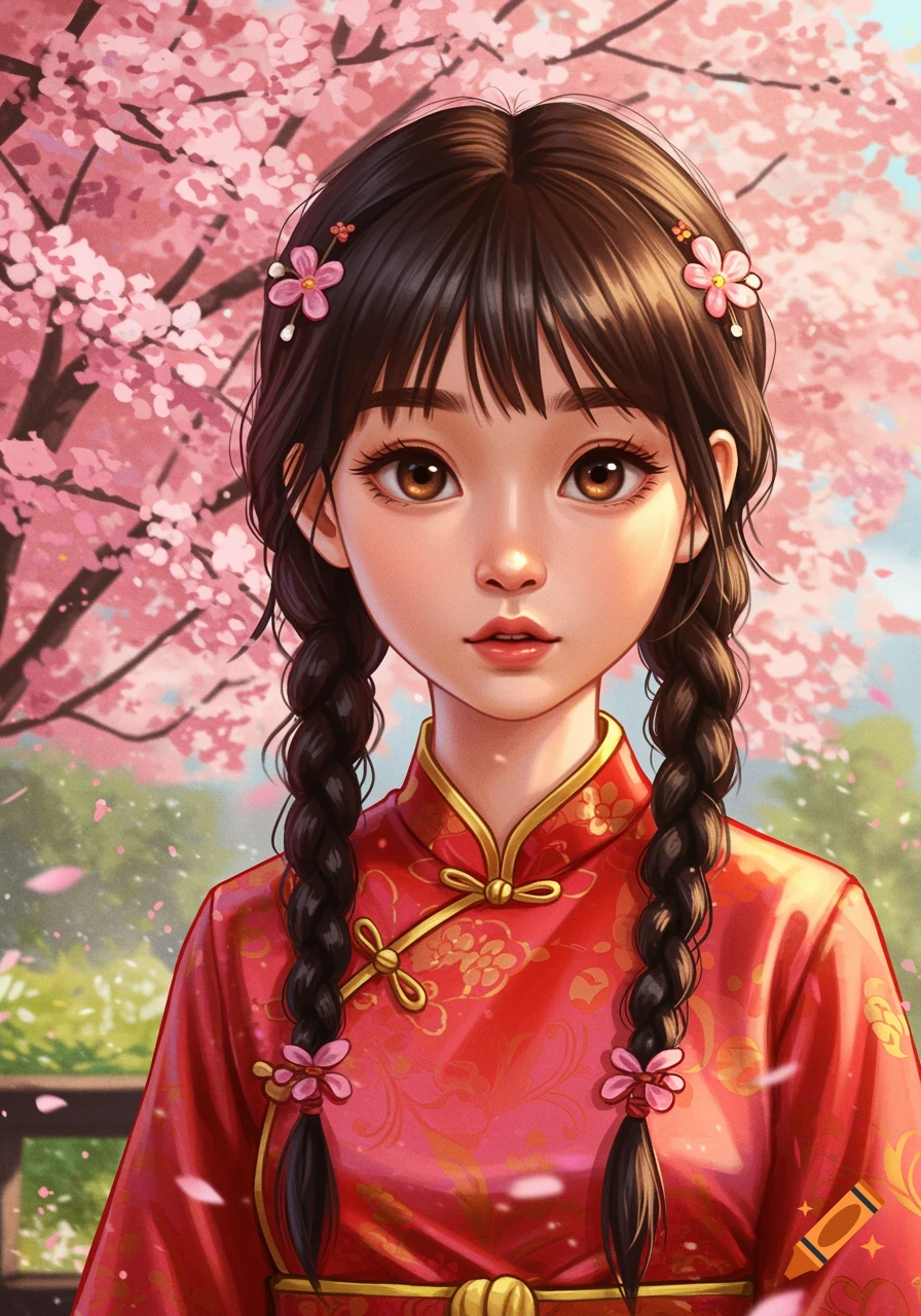 An anime-style illustration of a young girl with braids wearing traditional red clothing, standing under pink cherry blossoms.
