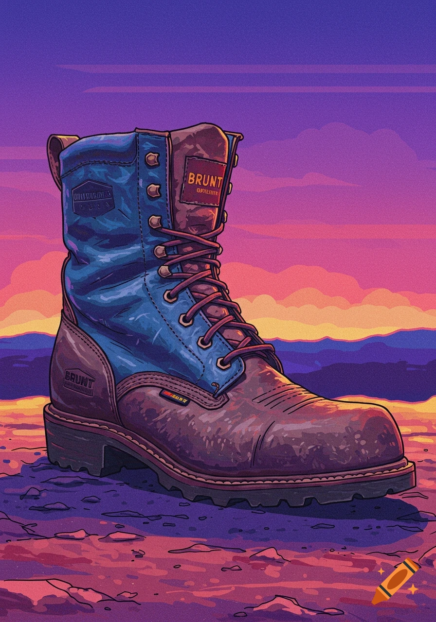 Illustration of a work boot on rocky ground against a purple and orange sunset landscape.