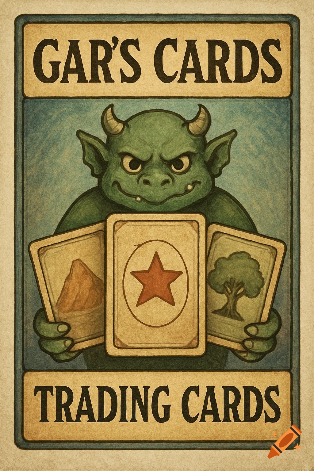 Illustration of a green goblin-like creature holding three trading cards, with banners reading "GAR'S CARDS" and "TRADING CARDS".