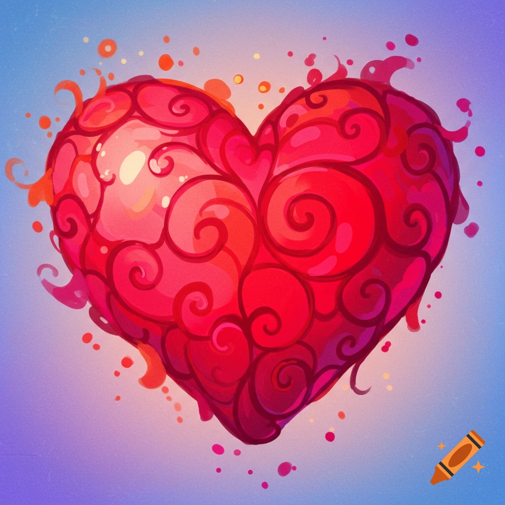 A vibrant, stylized red heart with intricate swirls and paint splatters on a gradient background.