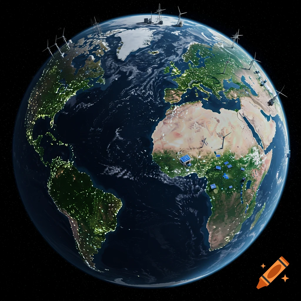 Earth from space at night, showing continents lit up and structures resembling renewable energy technology on land.