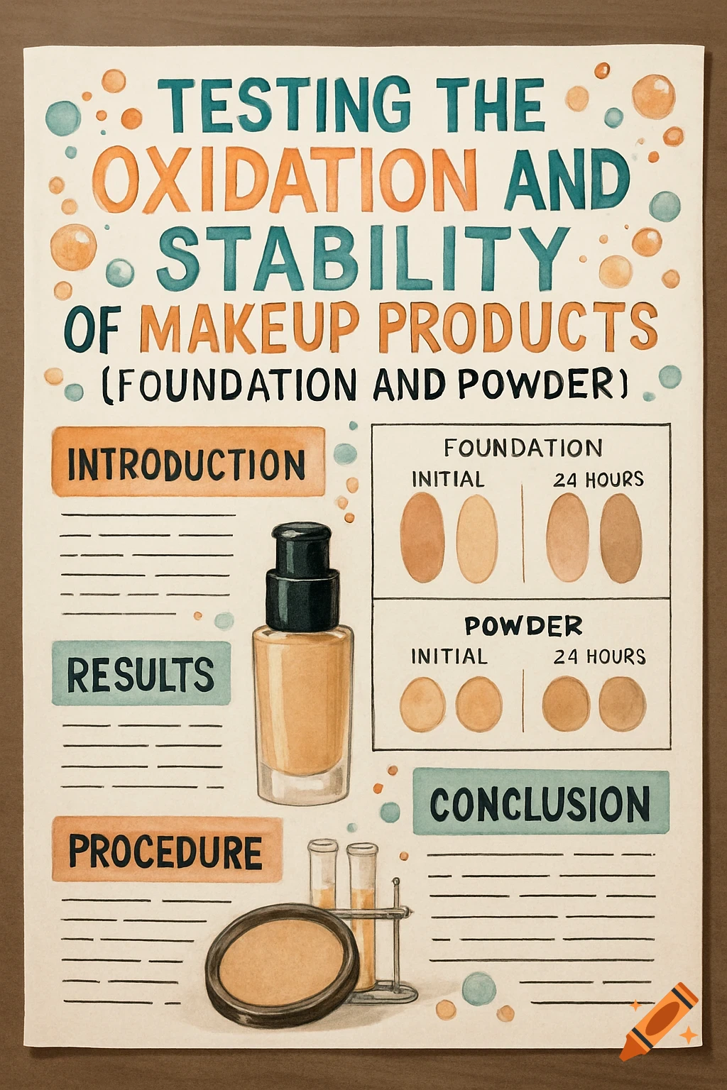 Watercolor illustration of a science poster about testing makeup oxidation and stability.