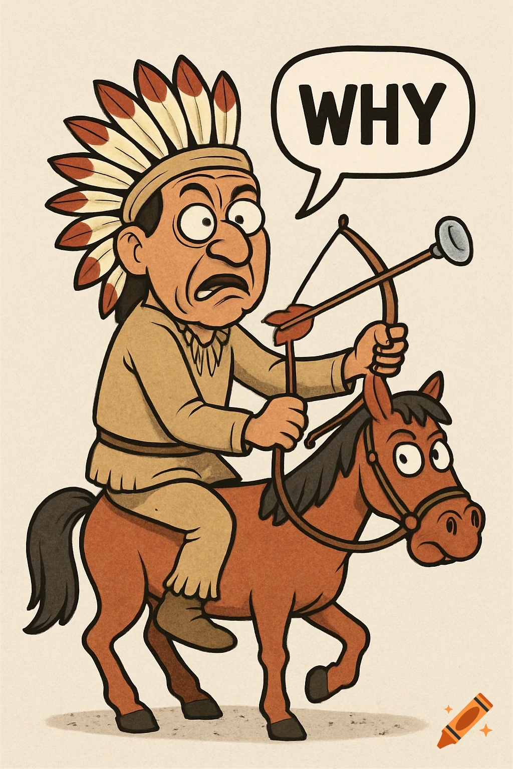 Cartoon of a person in a feathered headdress riding a horse and saying "WHY".