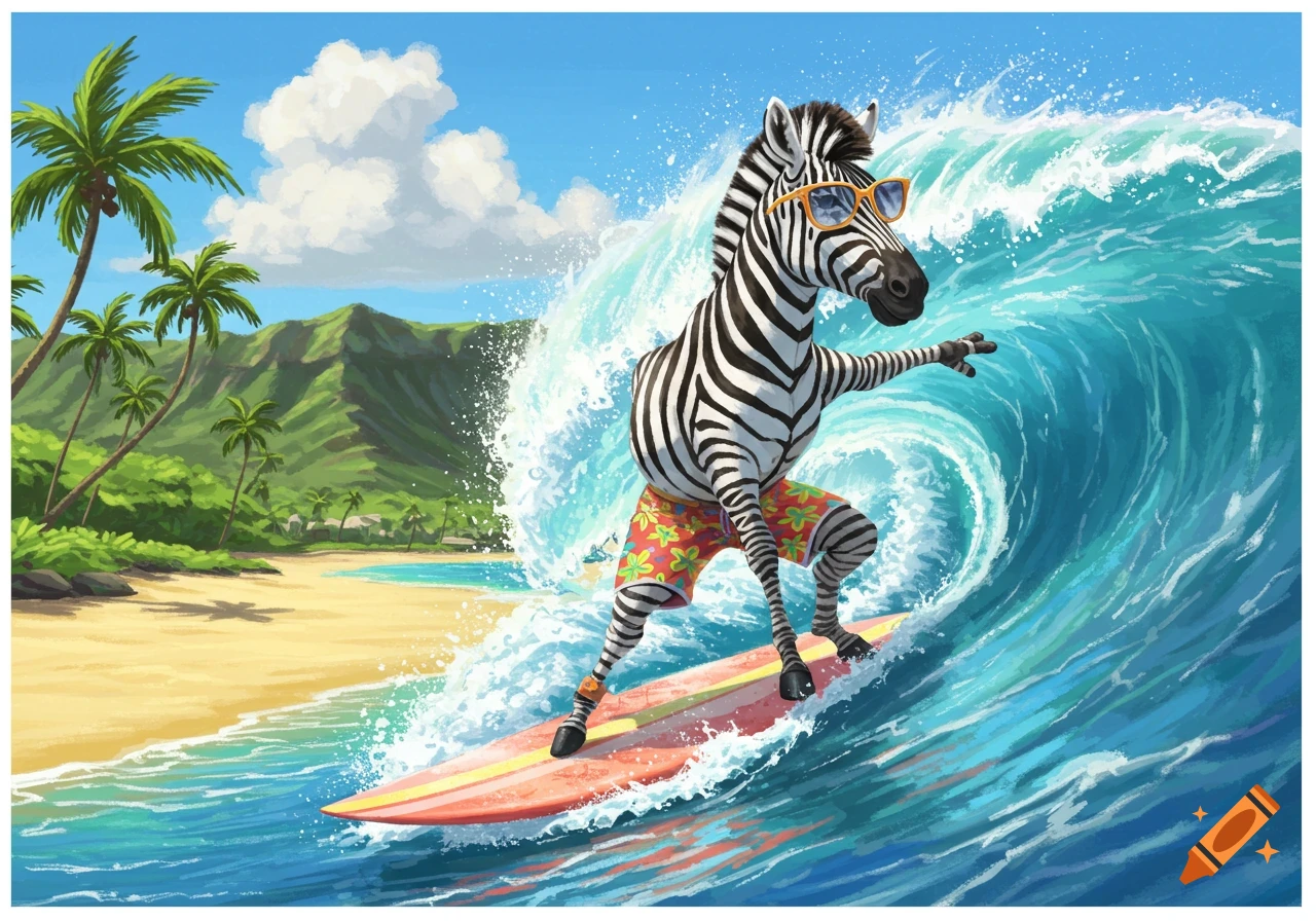 Cartoon illustration of a zebra in sunglasses and boardshorts surfing a wave near a tropical beach with palm trees.