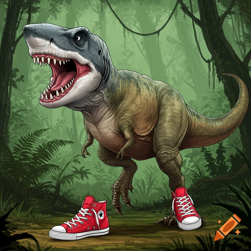 Cartoon dinosaur with a shark head wearing red sneakers standing in a jungle.