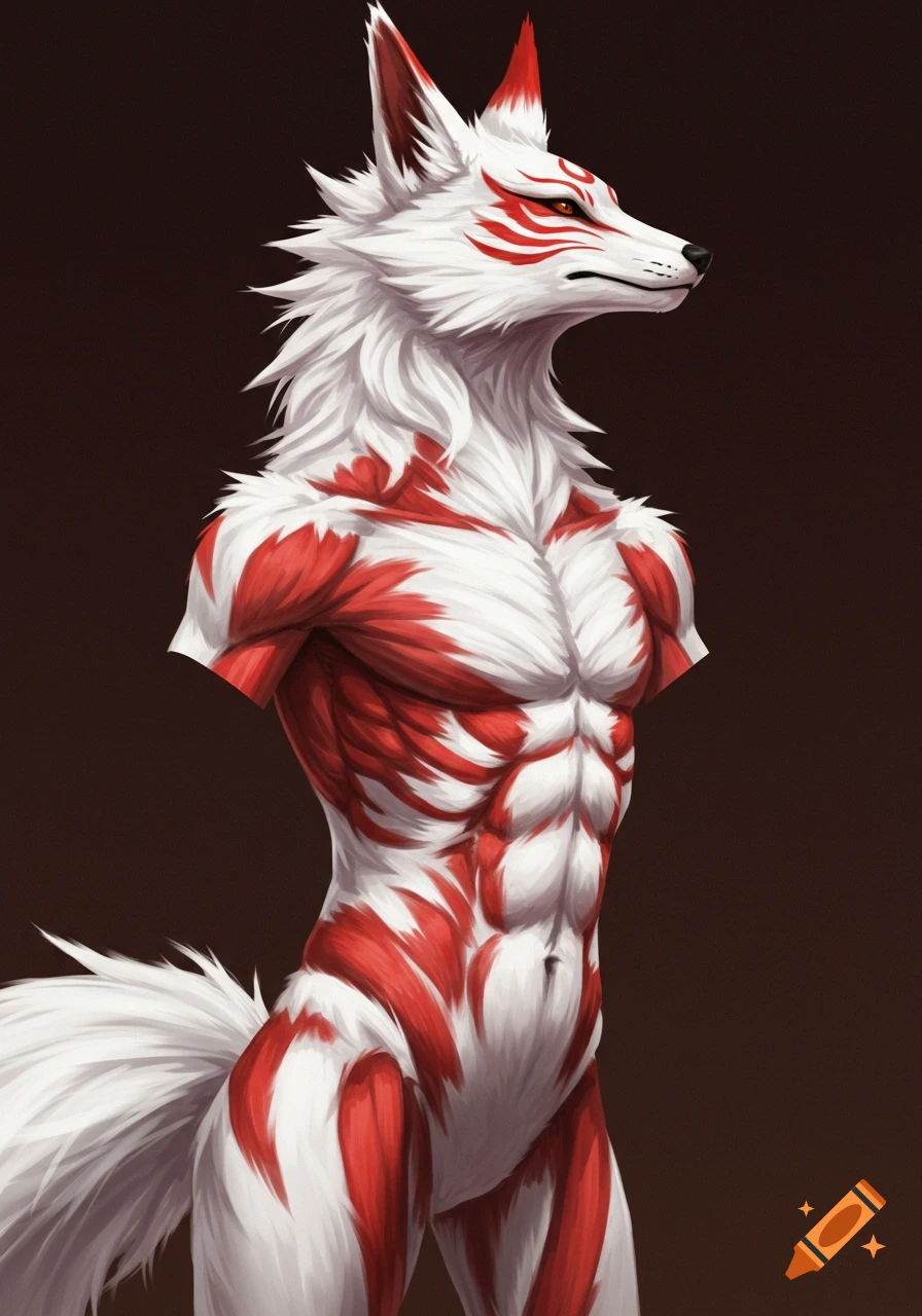 Digital painting of a muscular white Kitsune character with red markings