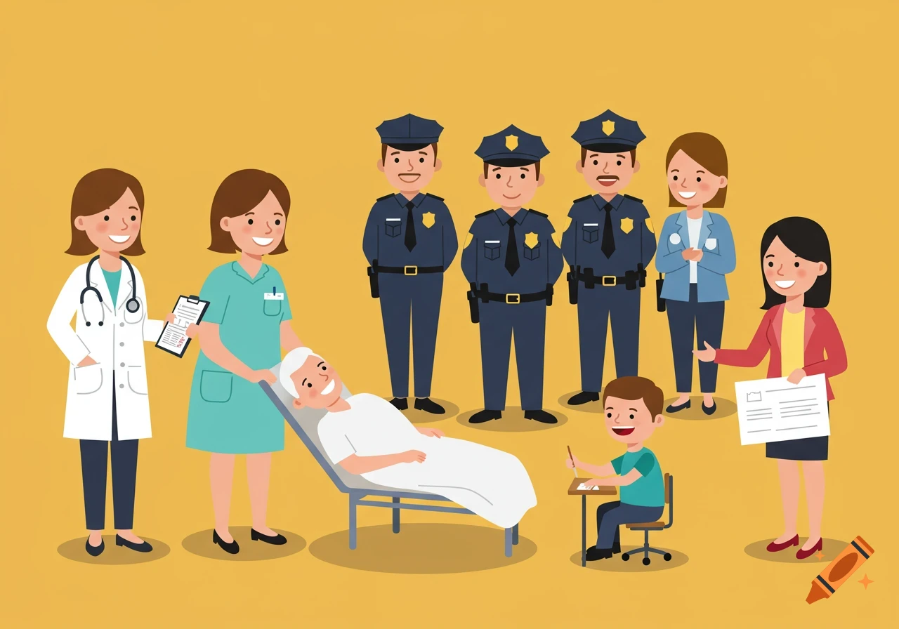 Cartoon illustration of people with various careers including doctor, nurse, police, teacher, and a patient and student.