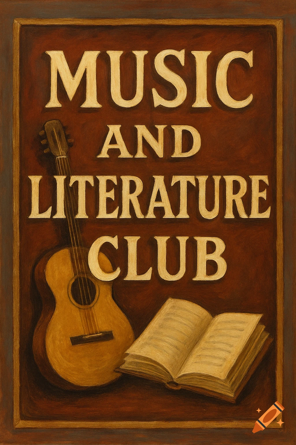 A painting of a brown sign with gold raised text reading 'MUSIC AND LITERATURE CLUB' next to a guitar and an open book.