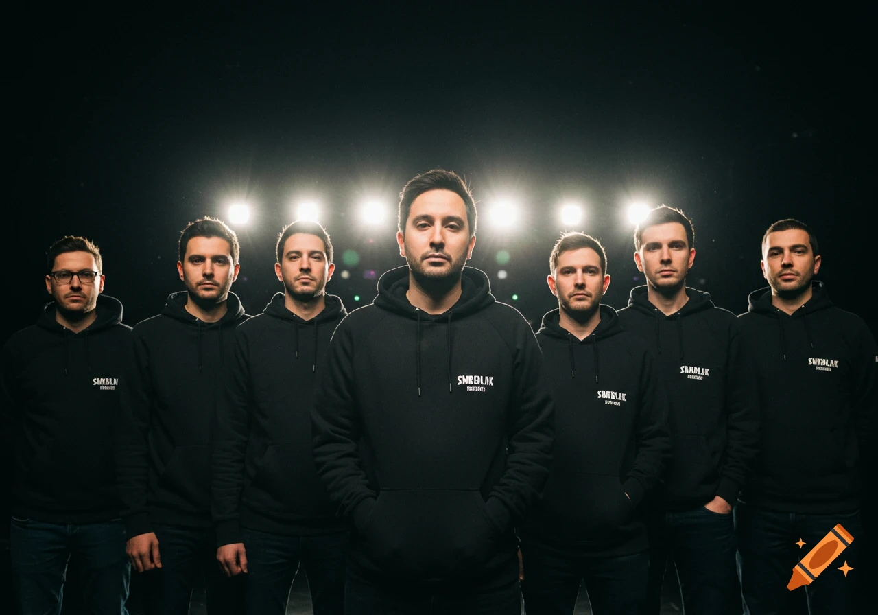 Seven men in black hoodies stand in a line under bright stage lights.