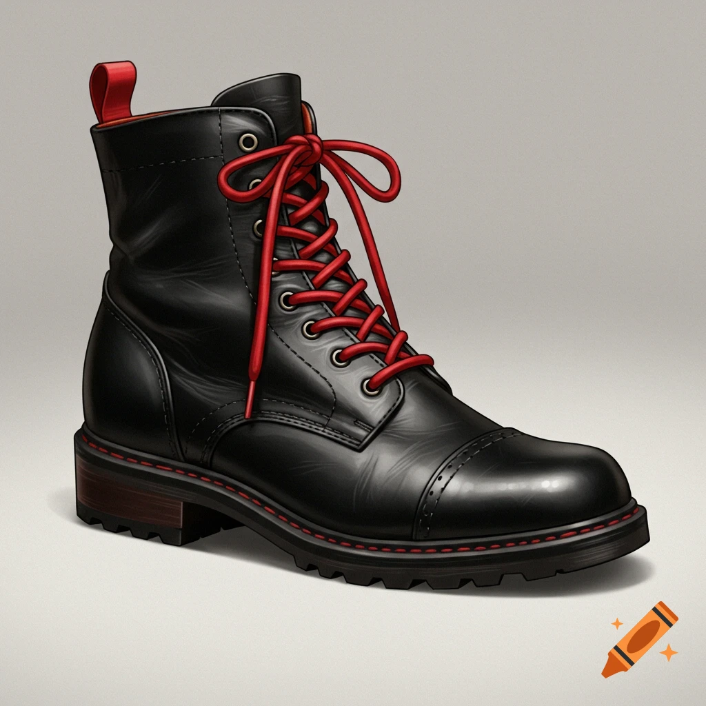 A black leather boot with bright red laces.