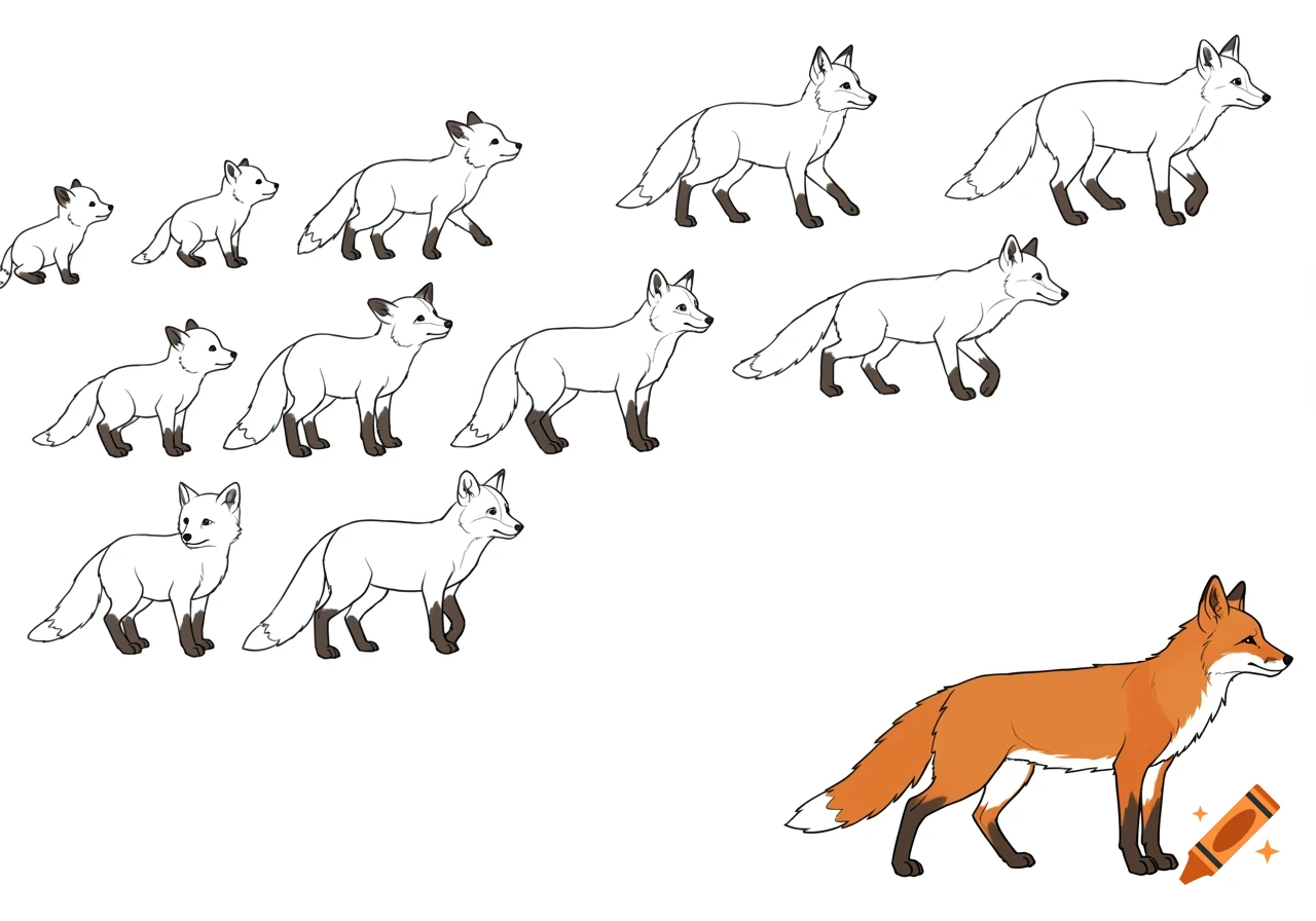 Line art illustrations of foxes at different growth stages, with one colored adult fox.