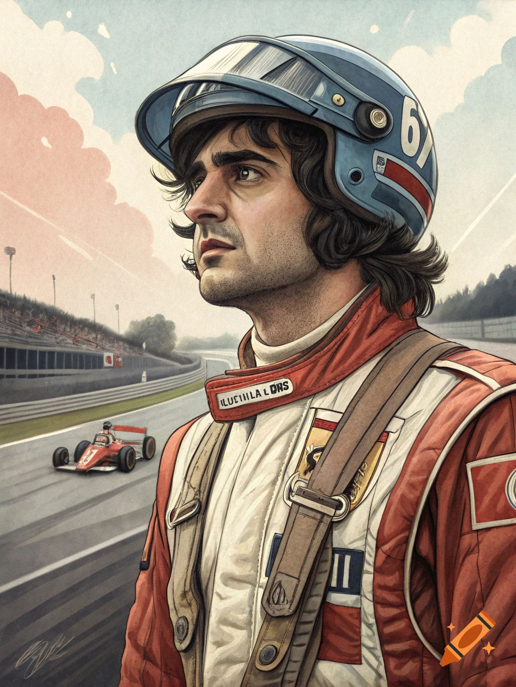 Illustrated portrait of a race car driver in suit and helmet at a track, with a race car behind him.