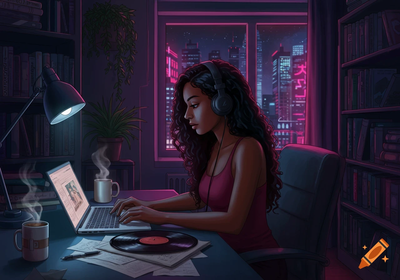 Digital art illustration of a woman working on a laptop at a desk with headphones, cityscape background, synthwave aesthetic.