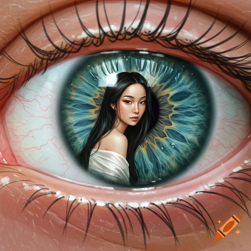 Close-up illustration of a human eye with a woman reflected in the pupil.