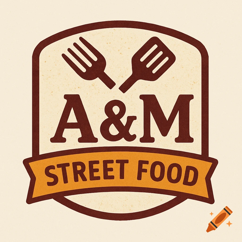 Logo for A&M street food with crossed fork and spatula.